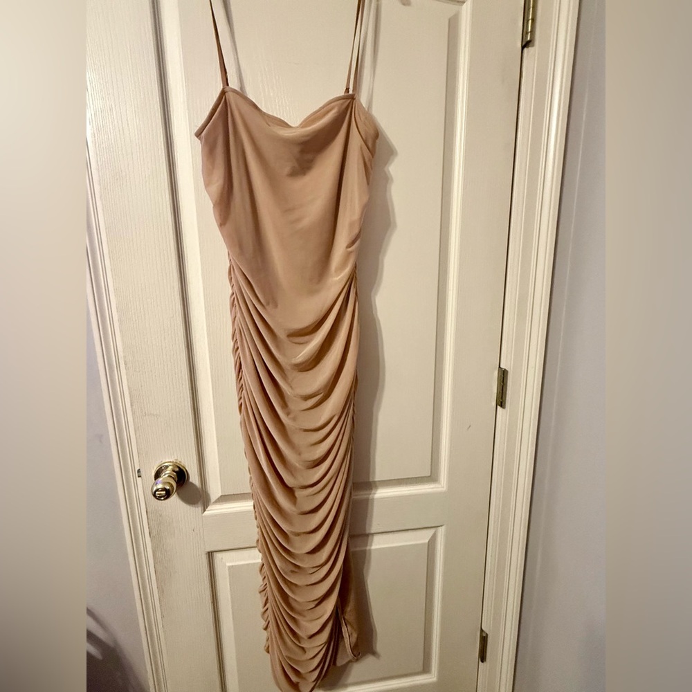 Fashion Nova Ruched Bodycon Maxi Dress | Size 1X | Nude Tan Spaghetti Strap